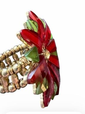Gold-Plated Red & Green Floral Statement Ring